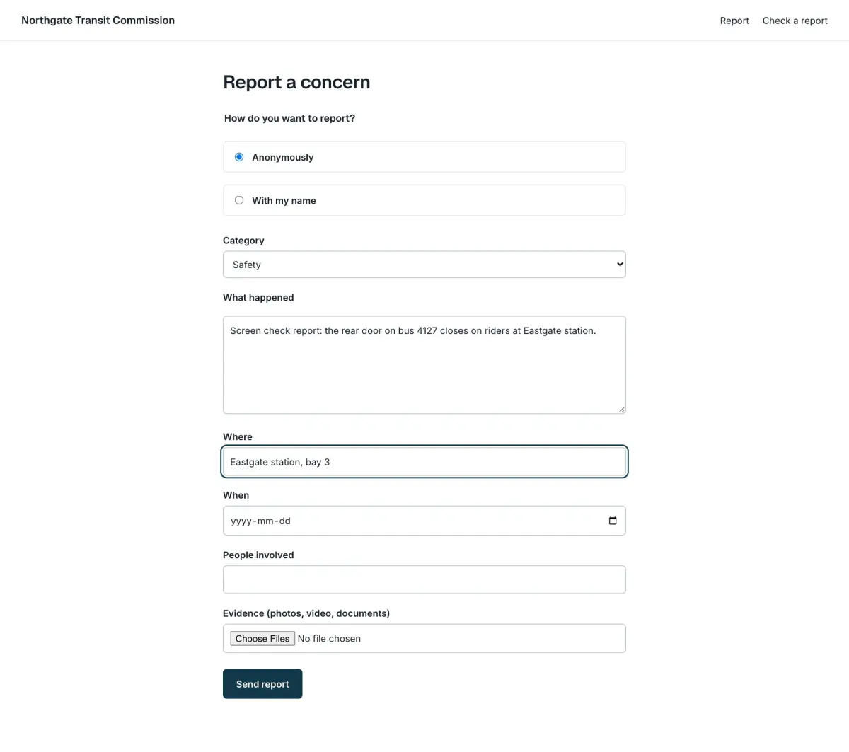 CommonWatch Complaints report page for a fictional transit commission, with anonymous or named reporting, category, details and evidence upload